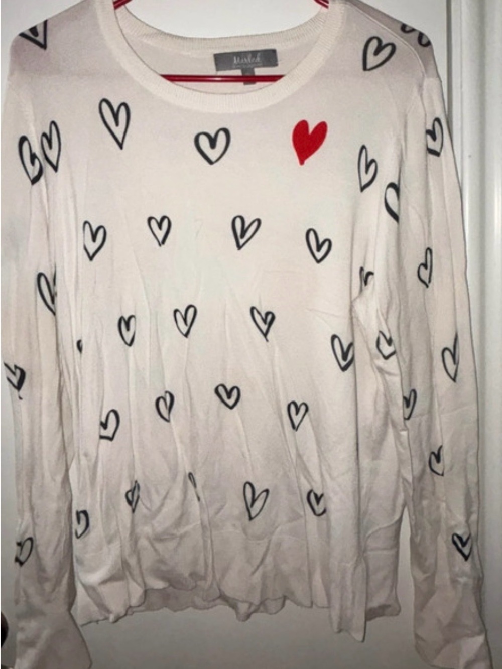 White Heart Print Long Sleeve Sweater with Red Heart Accent